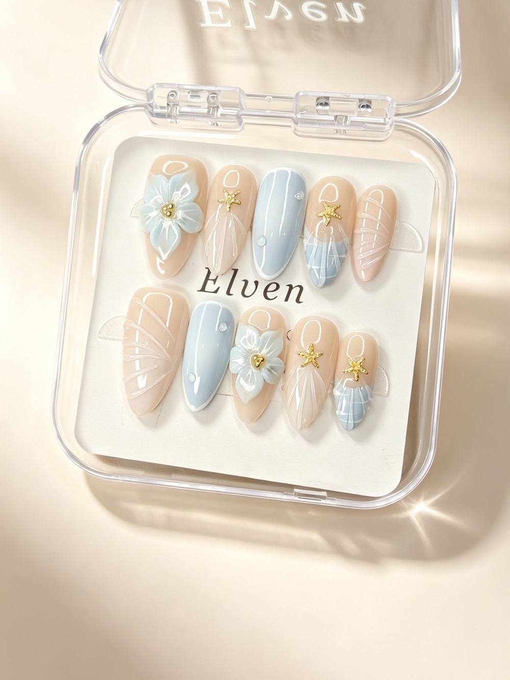 Nude Light Blue Press On Nails With 3D Flowers Gold Starfish Medium Almond